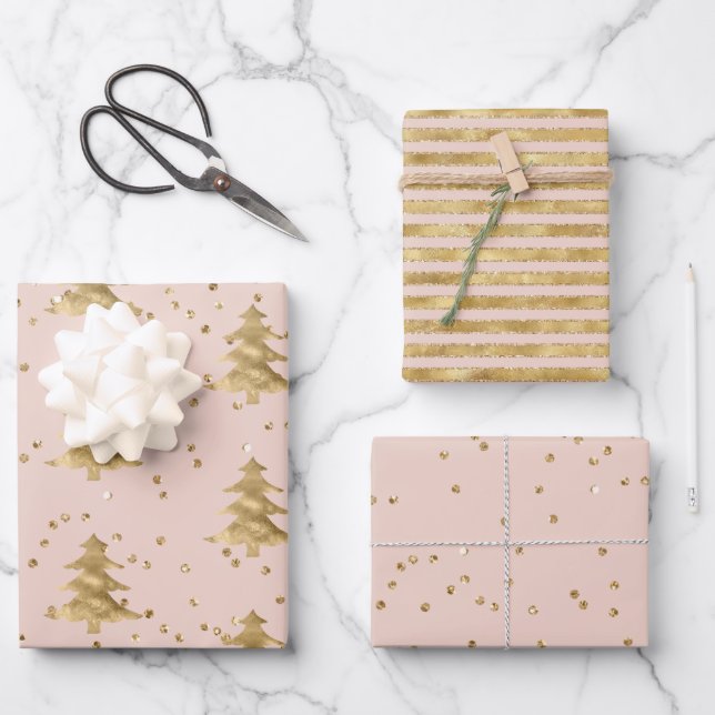 Blush Pink Gold Christmas Tree Stripes Sparkle     Wrapping Paper Sheet (Front)