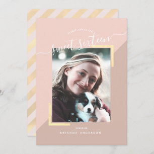 Blush Pink & Gold Colour Block Photo Sweet 16 Invitation