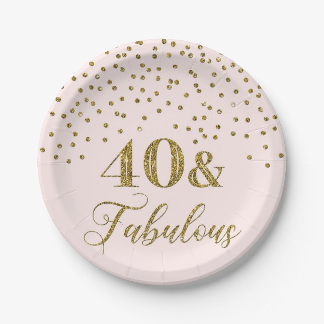 Blush Pink Gold Confetti 40th Birthday Party Paper Plate (Front)