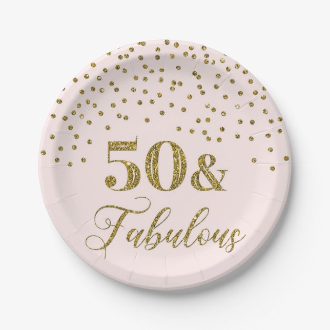 Blush Pink Gold Confetti 50th Birthday Party Paper Plate (Front)
