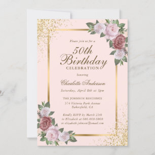 Blush Pink Gold Confetti Floral 50th Birthday Invitation