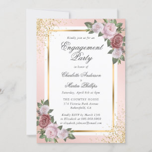 Blush Pink Gold Confetti Floral Engagement Party Invitation