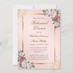 Blush Pink Gold Confetti Floral Rehearsal Dinner Invitation