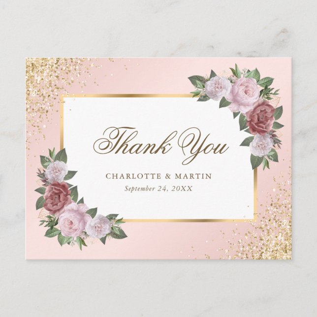 Blush Pink Gold Confetti Floral Wedding Thank You Postcard (Front)