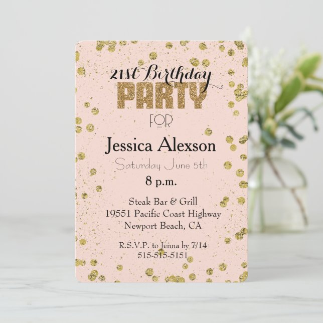 Blush Pink Gold Confetti Glitter 21st Birthday Invitation (Standing Front)