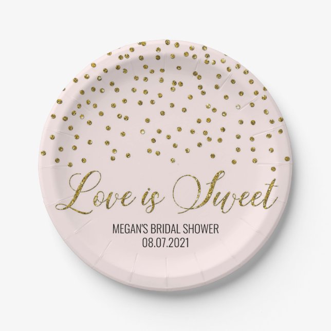 Blush Pink Gold Confetti Love is Sweet Paper Plate (Front)