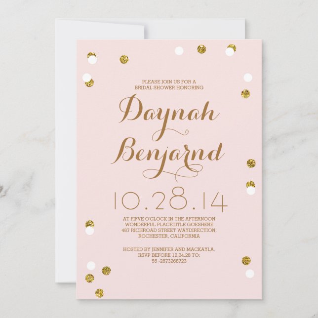 Blush pink & gold confetti modern bridal shower invitation (Front)
