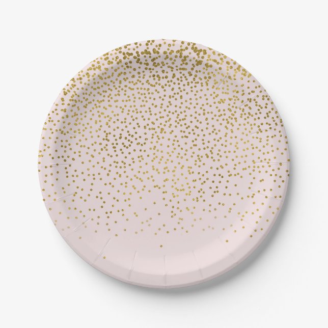 Blush Pink & Gold Confetti Modern Engagement Party Paper Plate (Front)
