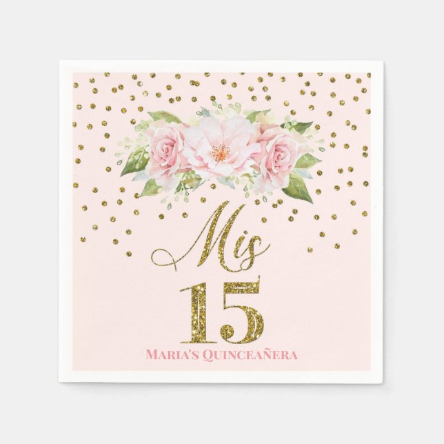 Blush Pink Gold Confetti Quinceañera Birthday Napkin (Front)