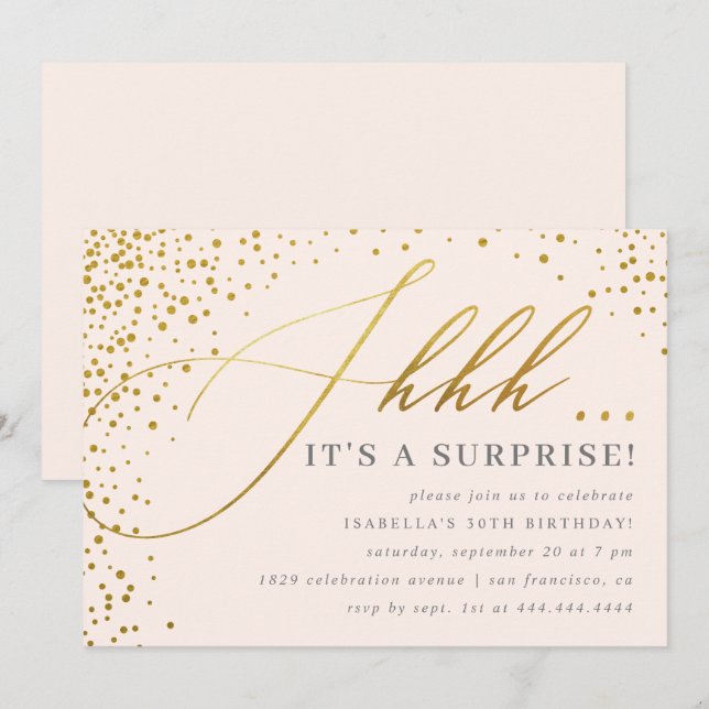 Blush Pink & Gold Confetti Script Surprise Party Invitation (Front/Back)