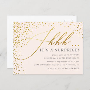 Blush Pink & Gold Confetti Script Surprise Party Invitation Postcard