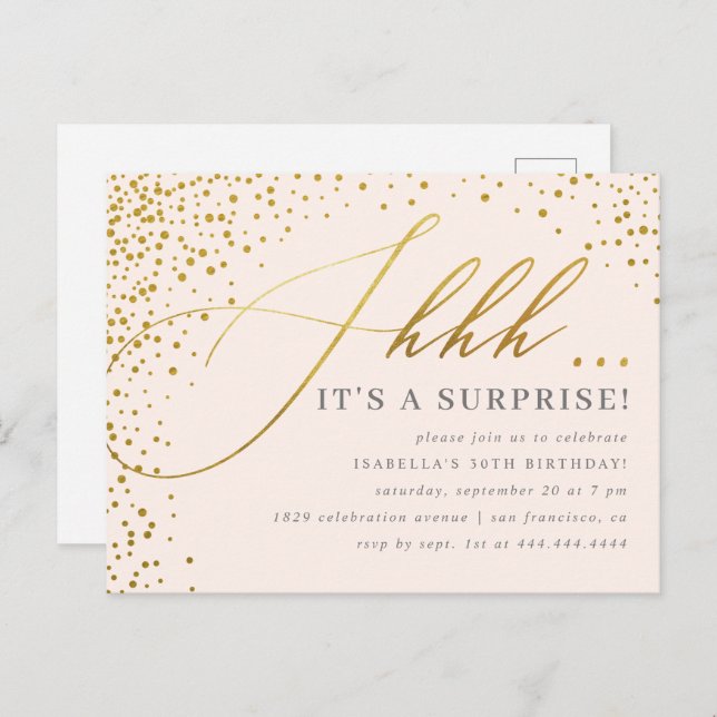 Blush Pink & Gold Confetti Script Surprise Party Invitation Postcard (Front/Back)