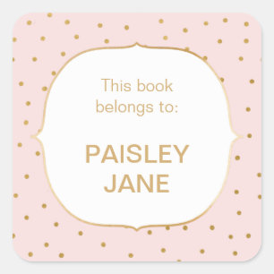 Blush Pink gold confetti SMALL baby girl bookplate Square Sticker
