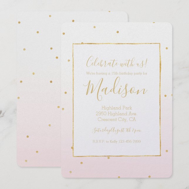Blush Pink Gold Confetti Sparkle Ombre Birthday Invitation (Front/Back)