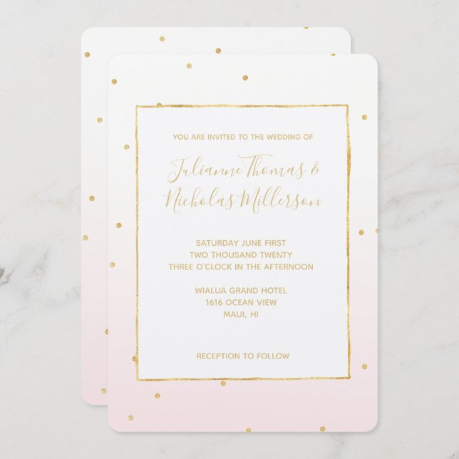 Blush Pink Gold Confetti Sparkle Ombre Wedding Invitation (Front/Back)