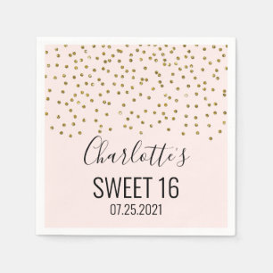 Blush Pink Gold Confetti Sweet 16 Birthday Napkin