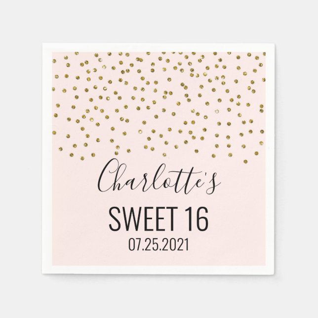 Blush Pink Gold Confetti Sweet 16 Birthday Napkin (Front)