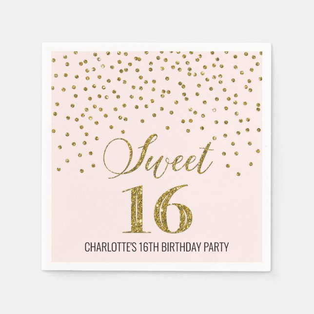 Blush Pink Gold Confetti Sweet 16 Birthday Napkin (Front)