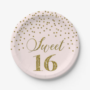 Blush Pink Gold Confetti Sweet 16 Birthday Party Paper Plate