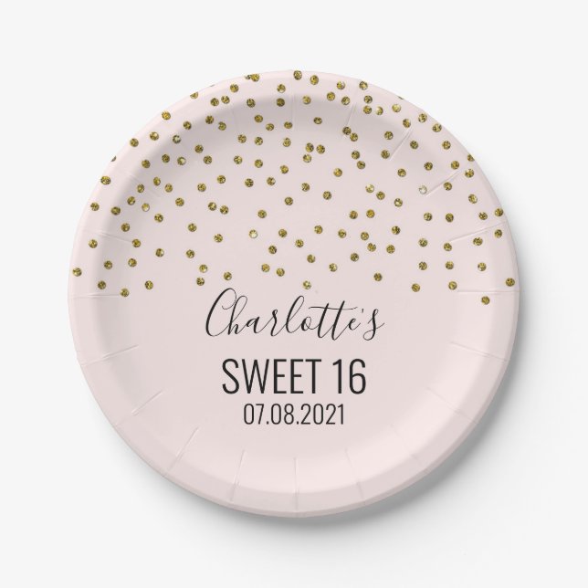 Blush Pink Gold Confetti Sweet 16 Birthday Party Paper Plate (Front)