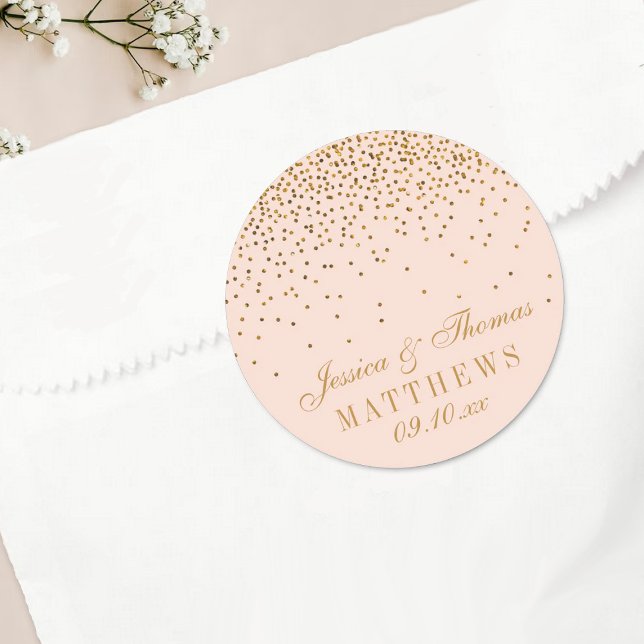 Blush Pink & Gold Confetti Wedding Favour Classic Round Sticker (Creator Uploaded)
