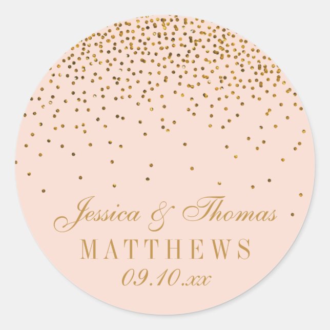 Blush Pink & Gold Confetti Wedding Favour Classic Round Sticker (Front)