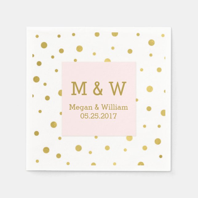 Blush Pink Gold Confetti Wedding Monogram Napkin (Front)