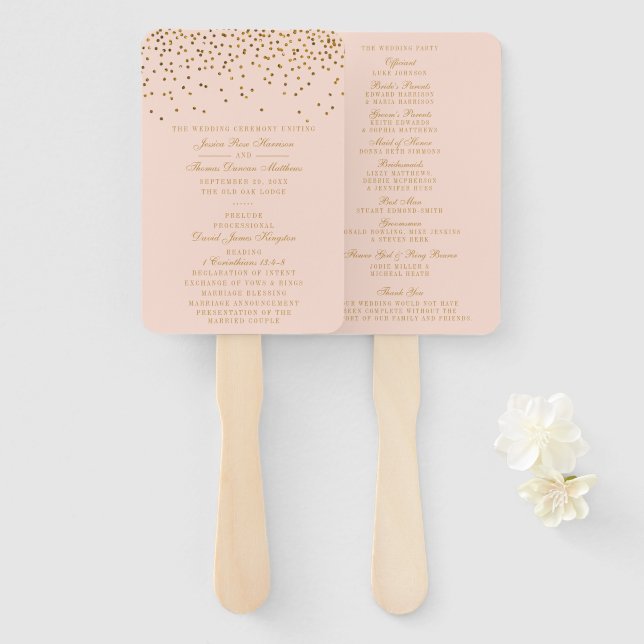 Blush Pink & Gold Confetti Wedding Program Hand Fan (Front and Back)