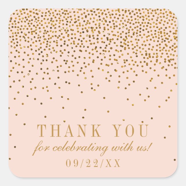 Blush Pink & Gold Confetti Wedding Thank You Square Sticker (Front)