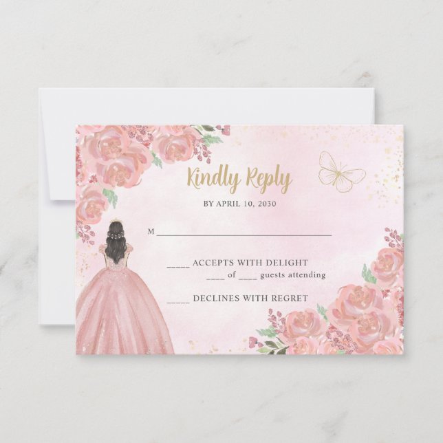 Blush Pink Gold Copper Floral Princess Quinceañera RSVP Card (Front)