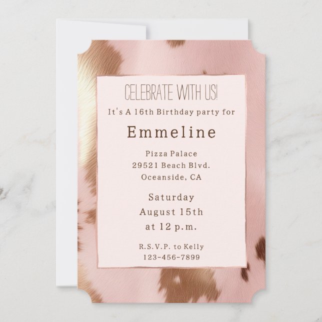Blush Pink Gold Cowgirl Cowhide Invitation (Front)