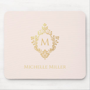 Blush Pink Gold Crest Elegant Monogram Name Mouse Mat