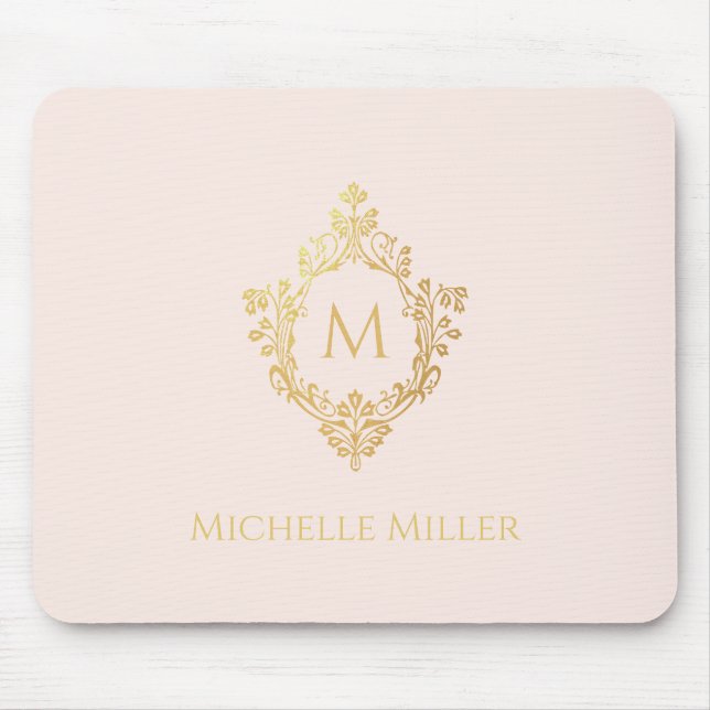 Blush Pink Gold Crest Elegant Monogram Name Mouse Mat (Front)