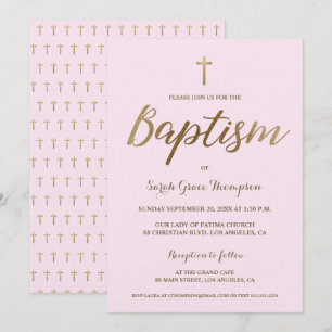 Blush Pink Gold Cross Custom Baby Girl Baptism Invitation