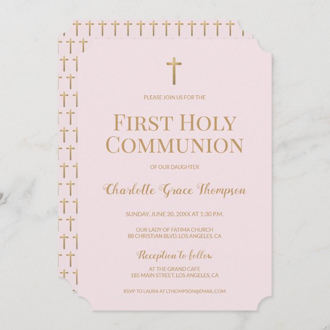 Blush pink Gold Cross Girl First holy communion  Invitation (Front/Back)