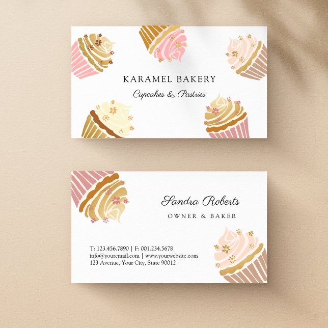 Blush Pink Gold Cupcakes Bakery Business Card (Blush Pink and Gold Cupcakes Bakery Business Card)