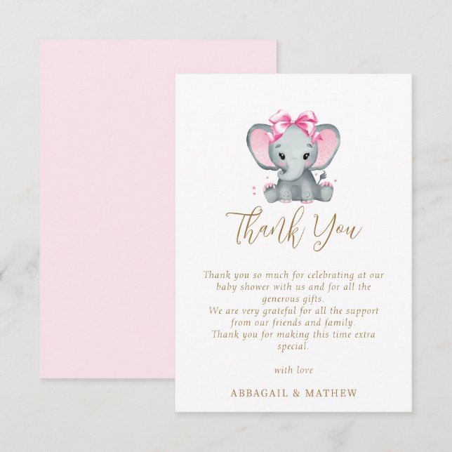 Blush Pink Gold Cute Elephant Elegant Baby Shower Thank You Card (Front/Back)