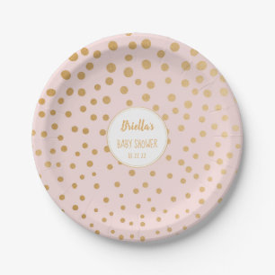 Blush pink gold dot girl baby shower theme paper plate