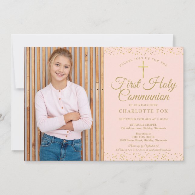 Blush Pink Gold Dust First Holy Communion Photo Invitation (Front)