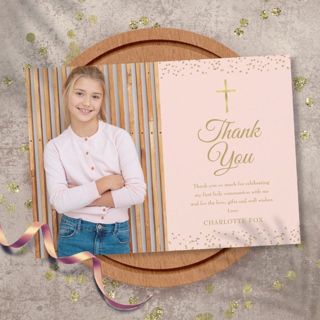 Blush Pink Gold Dust First Holy Communion Photo Thank You Card (Creator Uploaded)