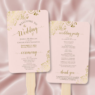 Blush Pink & Gold Elegant Ornate Wedding Program Hand Fan