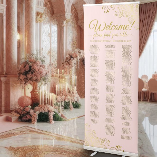 Blush Pink & Gold Fancy Alphabetical Seating Chart Retractable Banner (Creator Uploaded)