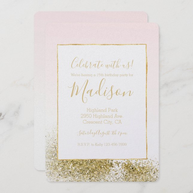 Blush Pink Gold Faux Glitter Sparkle Ombre Invitation (Front/Back)
