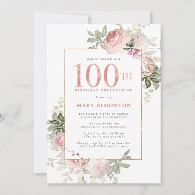 Blush Pink Gold Floral 100th Birthday Party Invitation (Front)
