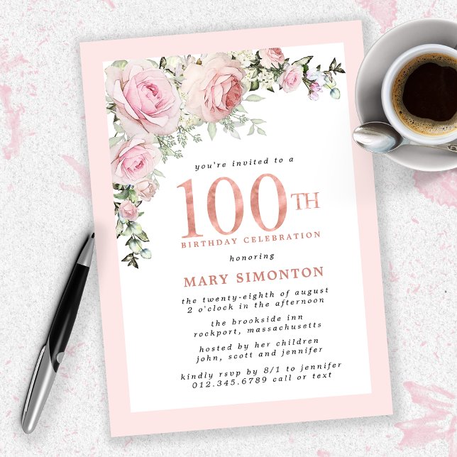 Blush Pink Gold Floral 100th Birthday Party Invitation (Creator Uploaded)