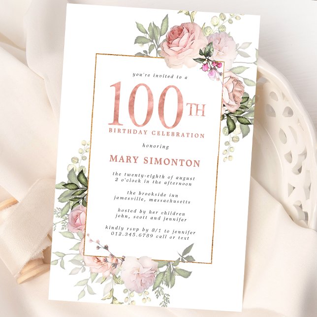 Blush Pink Gold Floral 100th Birthday Party Invitation (Creator Uploaded)