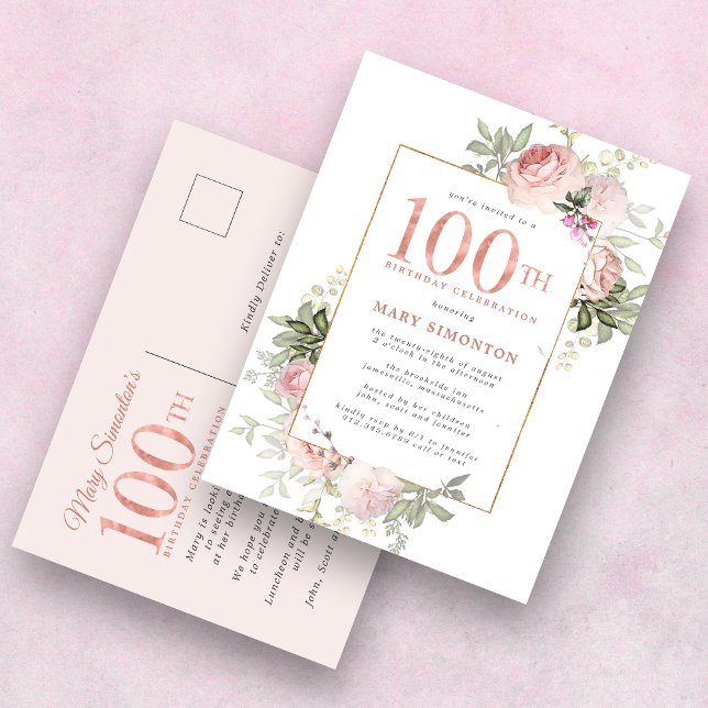 Blush Pink Gold Floral 100th Birthday Party Invitation Postcard (Creator Uploaded)