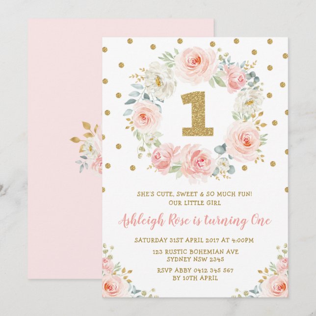 Blush Pink Gold Floral 1st Birthday Wild One Party Invitation (Front/Back)
