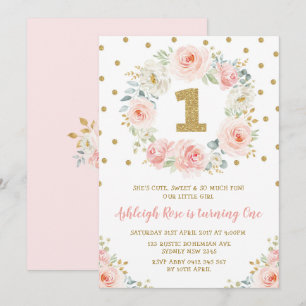 Blush Pink Gold Floral 1st Birthday Wild One Party Invitation