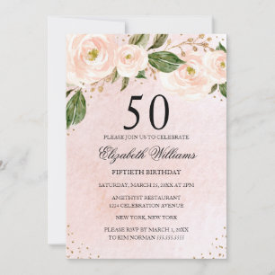 Blush Pink Gold Floral 50th Birthday Invitation